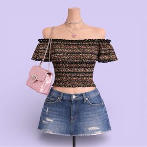 Y2K Mossimo Boho Off-Shoulder Smocked Crop Top L Cottagecore Casual Stretch